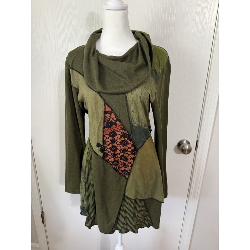 Women's Small Olive Green Patchwork Cowl Neck Dress Parsley Sage Boho Hippie